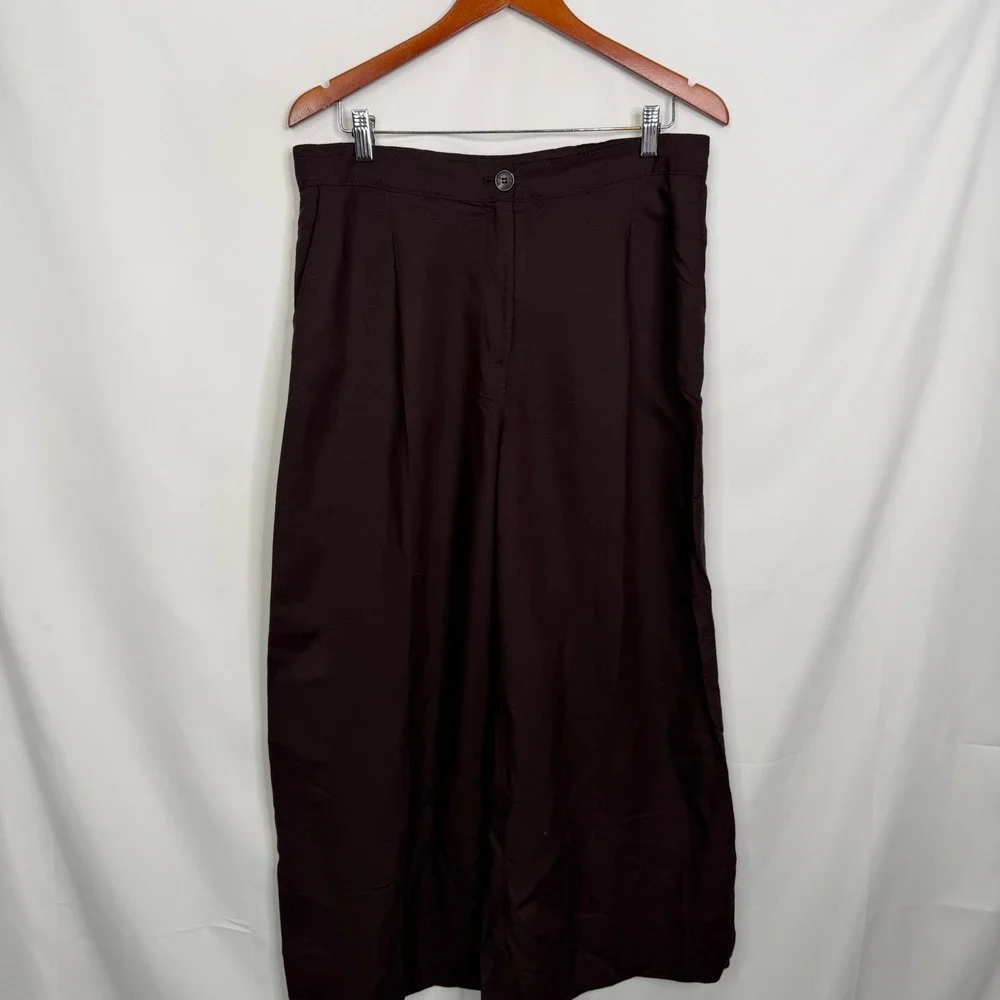 HM Linen Blend Wide Leg Trousers Brown Pleated Cropped Pants US 10 NEW